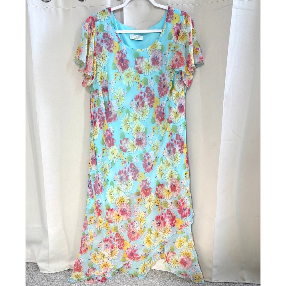Studio C Floral Maxi Dress Sheer Layered Ruffle Plus 2X‎ Asymmetric Fairy 19712